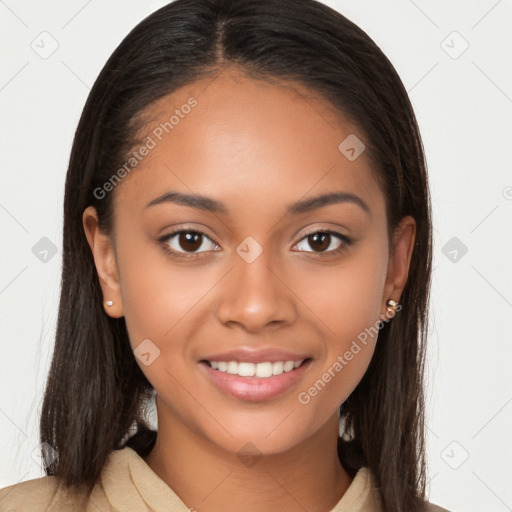 Joyful latino young-adult female with long  brown hair and brown eyes