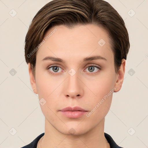 Neutral white young-adult female with short  brown hair and brown eyes