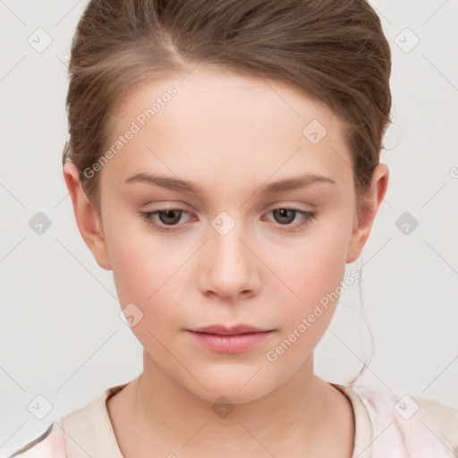 Neutral white child female with short  brown hair and grey eyes