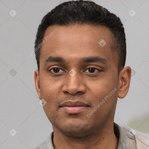 Neutral latino young-adult male with short  black hair and brown eyes