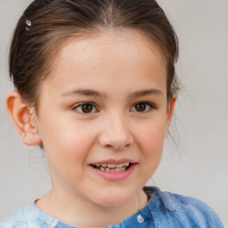 Joyful white child female with short  brown hair and brown eyes