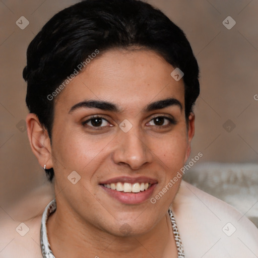 Joyful latino young-adult female with short  brown hair and brown eyes