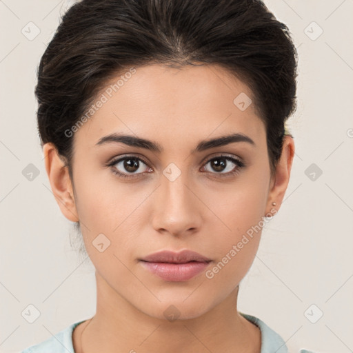 Neutral white young-adult female with medium  brown hair and brown eyes