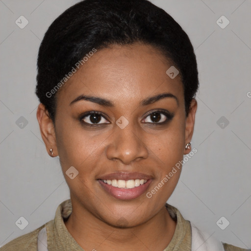 Joyful latino young-adult female with short  black hair and brown eyes