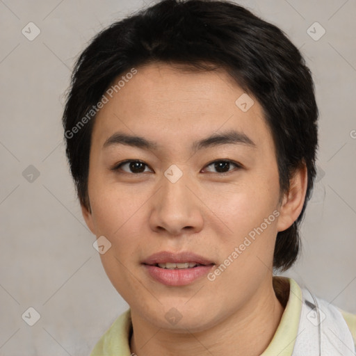 Joyful asian young-adult female with medium  brown hair and brown eyes