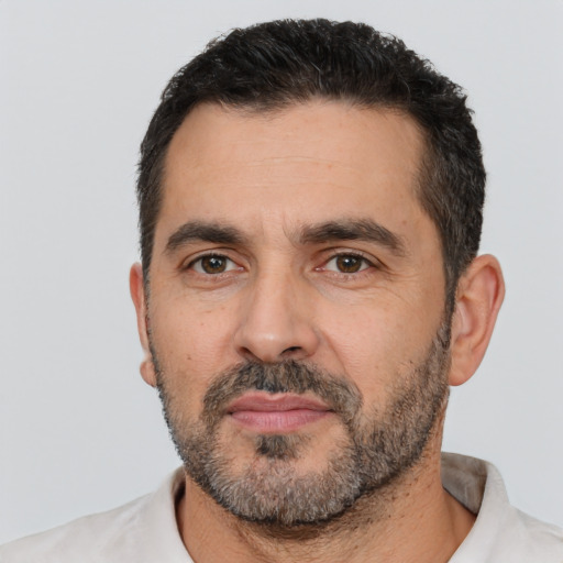 Neutral white adult male with short  black hair and brown eyes