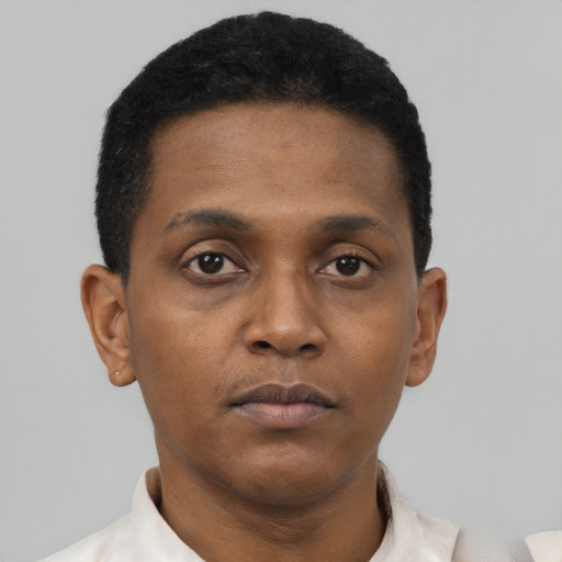 Neutral black young-adult male with short  black hair and brown eyes