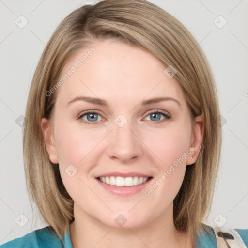 Joyful white young-adult female with medium  brown hair and blue eyes