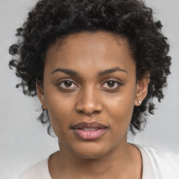 Joyful black young-adult female with short  black hair and brown eyes