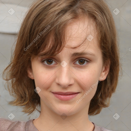 Joyful white child female with medium  brown hair and brown eyes