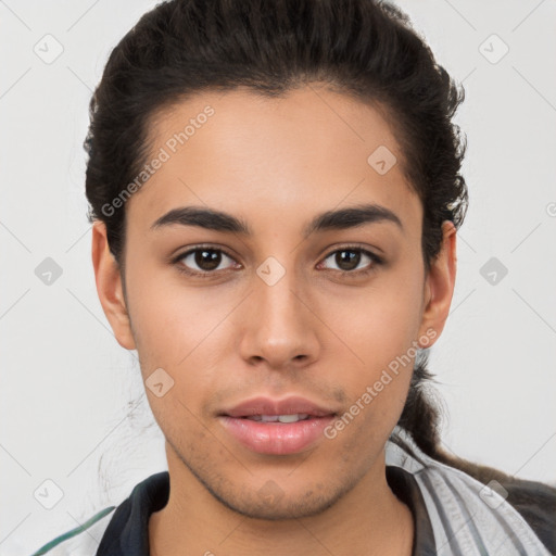 Neutral white young-adult female with short  brown hair and brown eyes