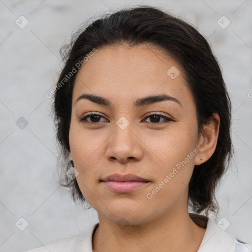 Neutral asian young-adult female with medium  brown hair and brown eyes