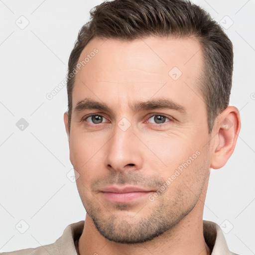 Neutral white young-adult male with short  brown hair and brown eyes