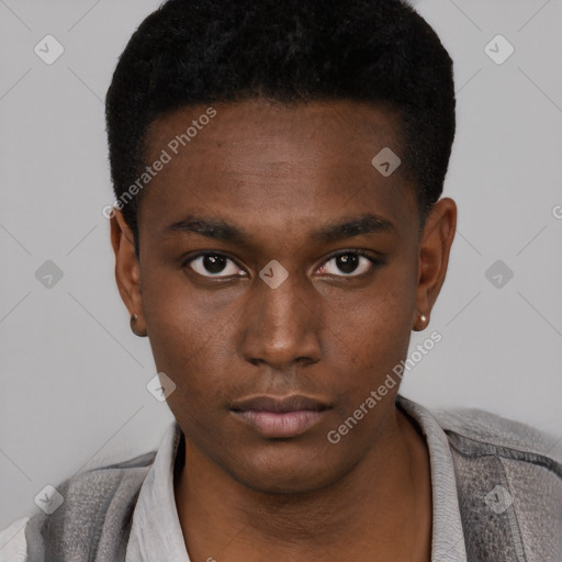 Neutral black young-adult male with short  black hair and brown eyes