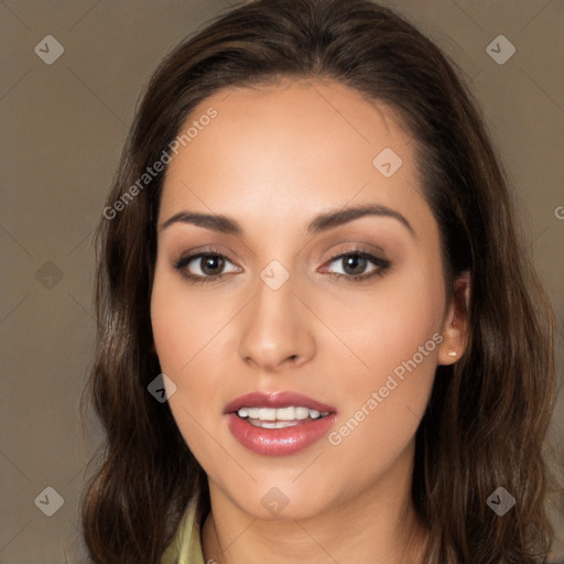 Joyful white young-adult female with long  brown hair and brown eyes