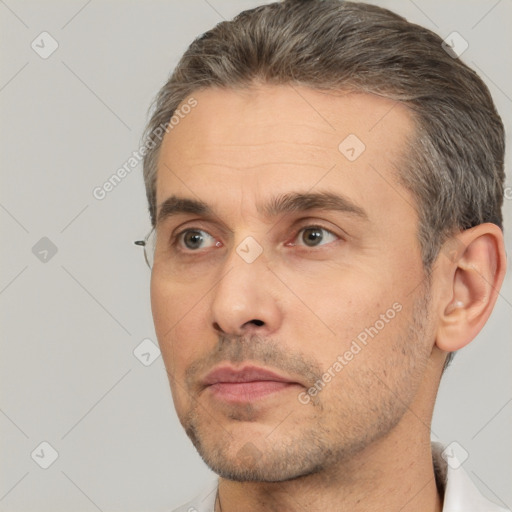 Neutral white adult male with short  brown hair and brown eyes