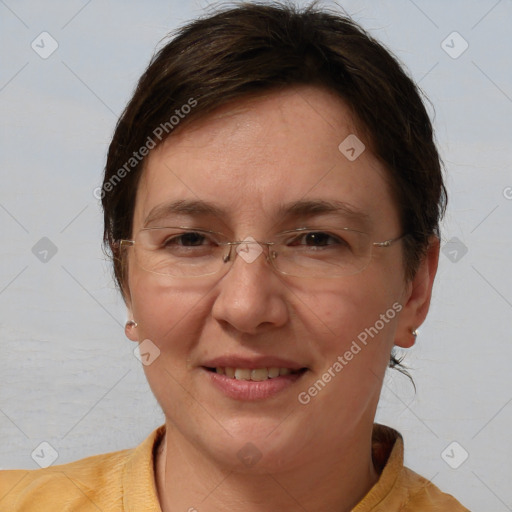 Joyful white adult female with short  brown hair and brown eyes