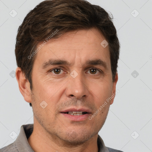 Neutral white adult male with short  brown hair and brown eyes