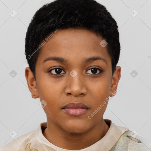 Neutral latino child female with short  black hair and brown eyes