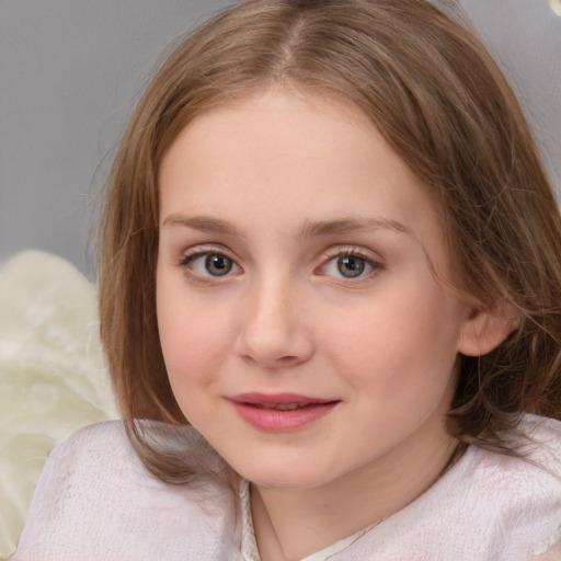 Joyful white child female with medium  brown hair and blue eyes