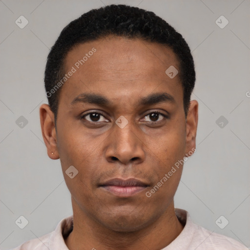 Neutral latino young-adult male with short  black hair and brown eyes