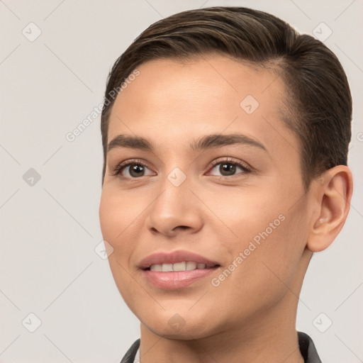 Joyful white young-adult female with short  brown hair and brown eyes