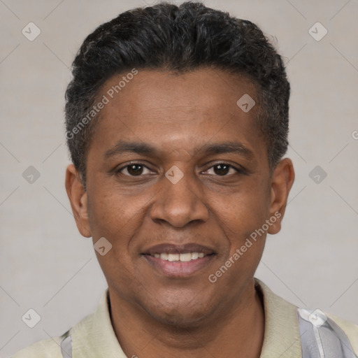 Joyful black young-adult male with short  brown hair and brown eyes