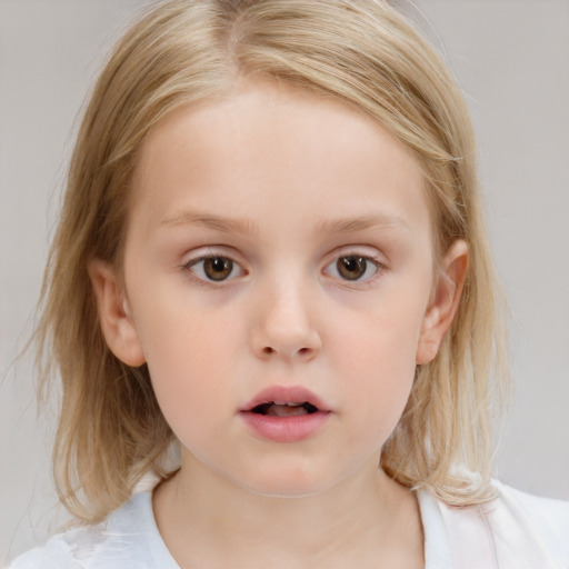 Neutral white child female with medium  brown hair and blue eyes