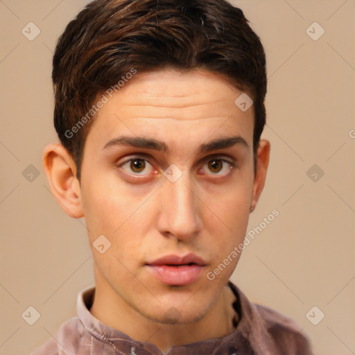 Neutral white young-adult male with short  brown hair and brown eyes