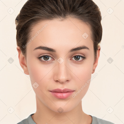 Neutral white young-adult female with short  brown hair and brown eyes