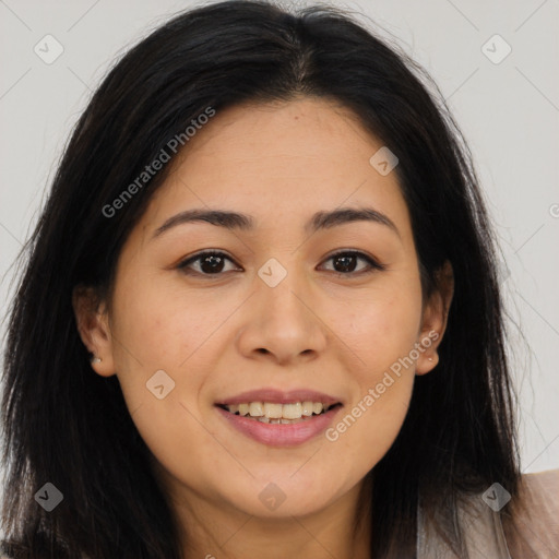 Joyful asian young-adult female with long  brown hair and brown eyes