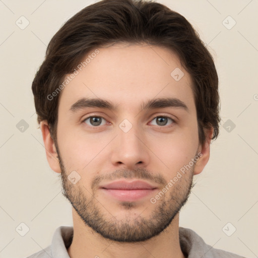 Neutral white young-adult male with short  brown hair and brown eyes