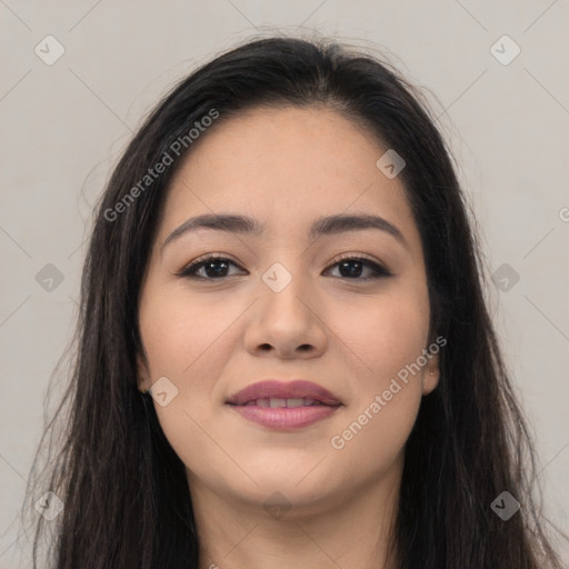 Joyful asian young-adult female with long  brown hair and brown eyes