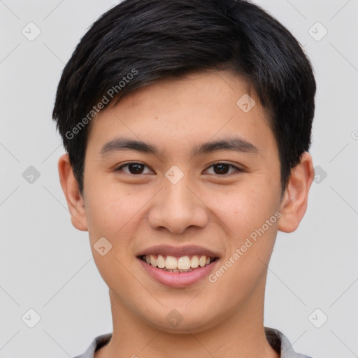 Joyful white young-adult male with short  black hair and brown eyes