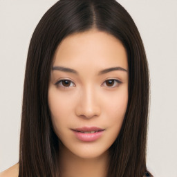 Neutral asian young-adult female with long  brown hair and brown eyes