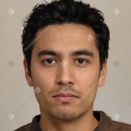 Neutral latino young-adult male with short  black hair and brown eyes