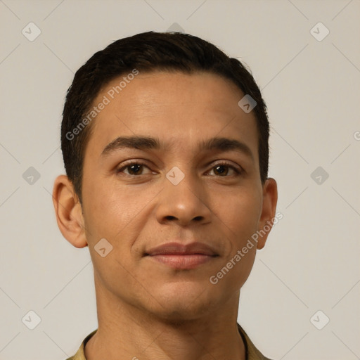 Neutral latino young-adult male with short  brown hair and brown eyes