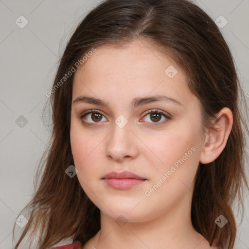 Neutral white young-adult female with long  brown hair and brown eyes