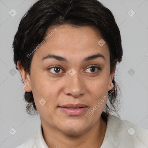 Joyful white adult female with medium  brown hair and brown eyes