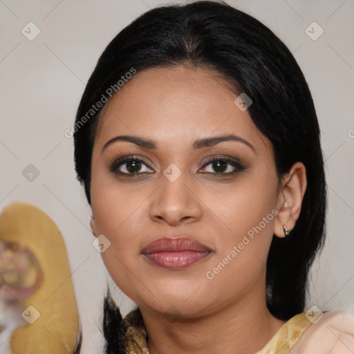 Joyful asian young-adult female with medium  black hair and brown eyes