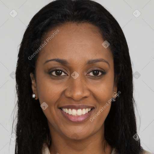 Joyful latino young-adult female with long  brown hair and brown eyes