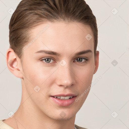 Joyful white young-adult female with short  brown hair and grey eyes