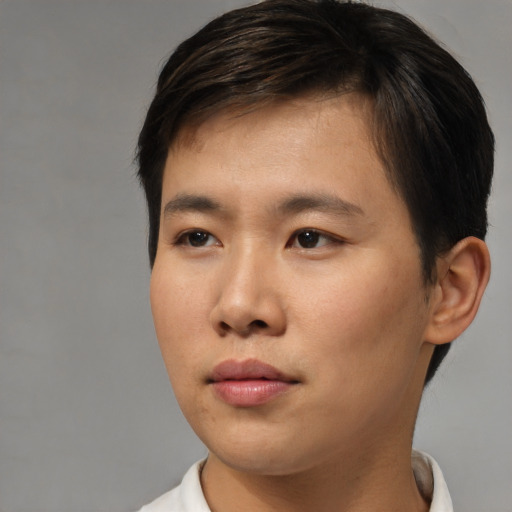 Neutral asian young-adult male with short  brown hair and brown eyes