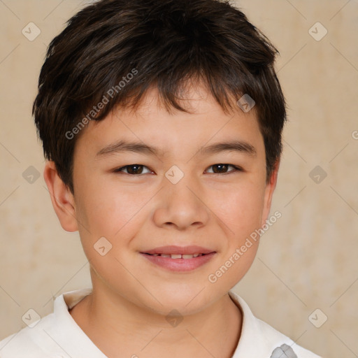 Joyful white child male with short  brown hair and brown eyes