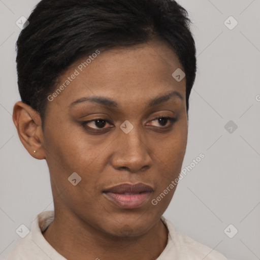 Joyful black young-adult female with short  brown hair and brown eyes