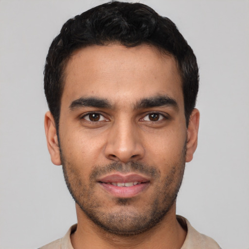 Neutral latino young-adult male with short  black hair and brown eyes