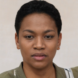 Neutral black young-adult female with short  black hair and brown eyes