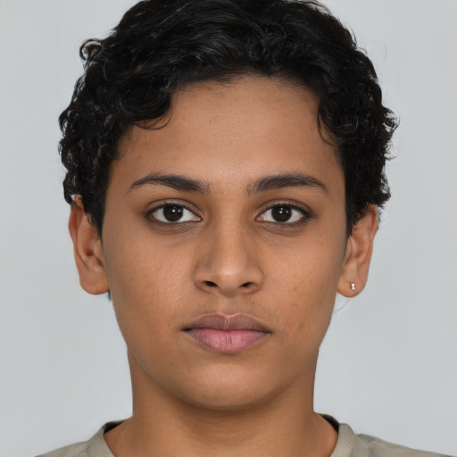 Neutral latino young-adult female with short  black hair and brown eyes