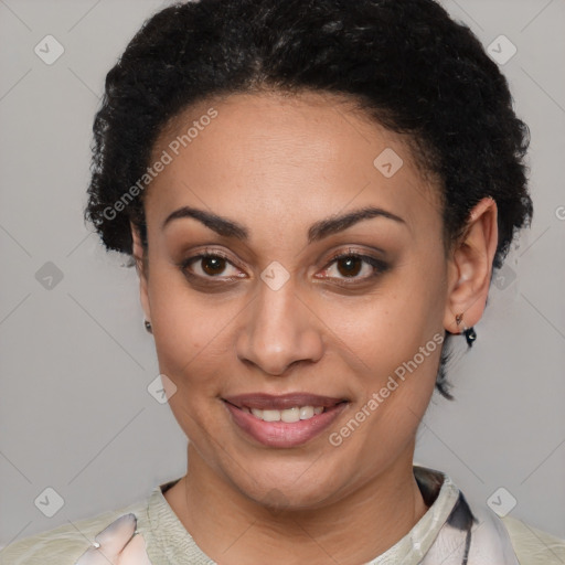 Joyful latino young-adult female with short  brown hair and brown eyes