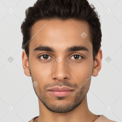 Neutral white young-adult male with short  brown hair and brown eyes